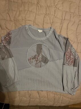 POL Dusty Blue Peace Patchwork Pullover
